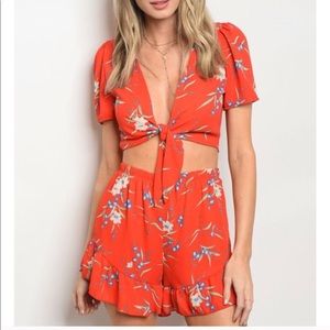 Red floral crop and shorts set